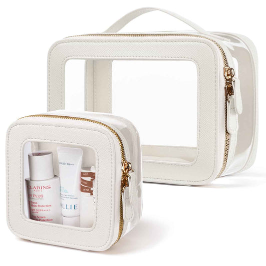 Oaque Clear Cosmetic Bag Set for Women Makeup Bag with Handle, TSA Travel Toiletry Bag Transparent Cosmetic Case Portable Make Up Organizer Bag for Essentials (White, Mini+S)