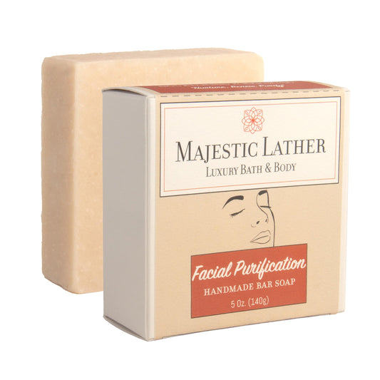 Majestic Lather Facial Purification Luxury Bar Soap. Gently Nourish & Moisturize. Renew With Milk & Collagen. Great for Dry/Sensitive, Oily & Combination Skin. Handmade in the USA.