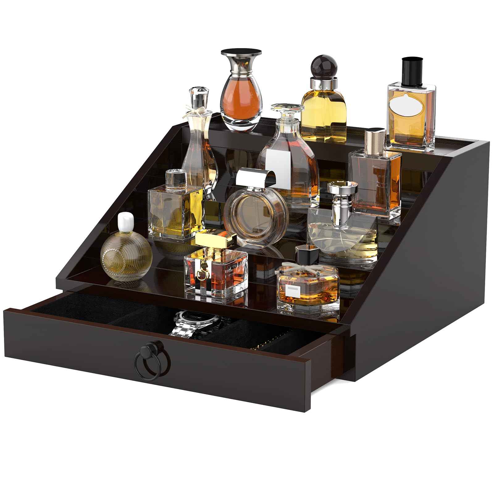 upcessory Wooden Cologne Organizer for Men Enhanced 4 Tier Cologne Stand Shelf Perfume Organizer with Velvet Lined Drawer & Hidden Storage Perfume Display Holder for Dresser Nice Gift (Stylish Brown)