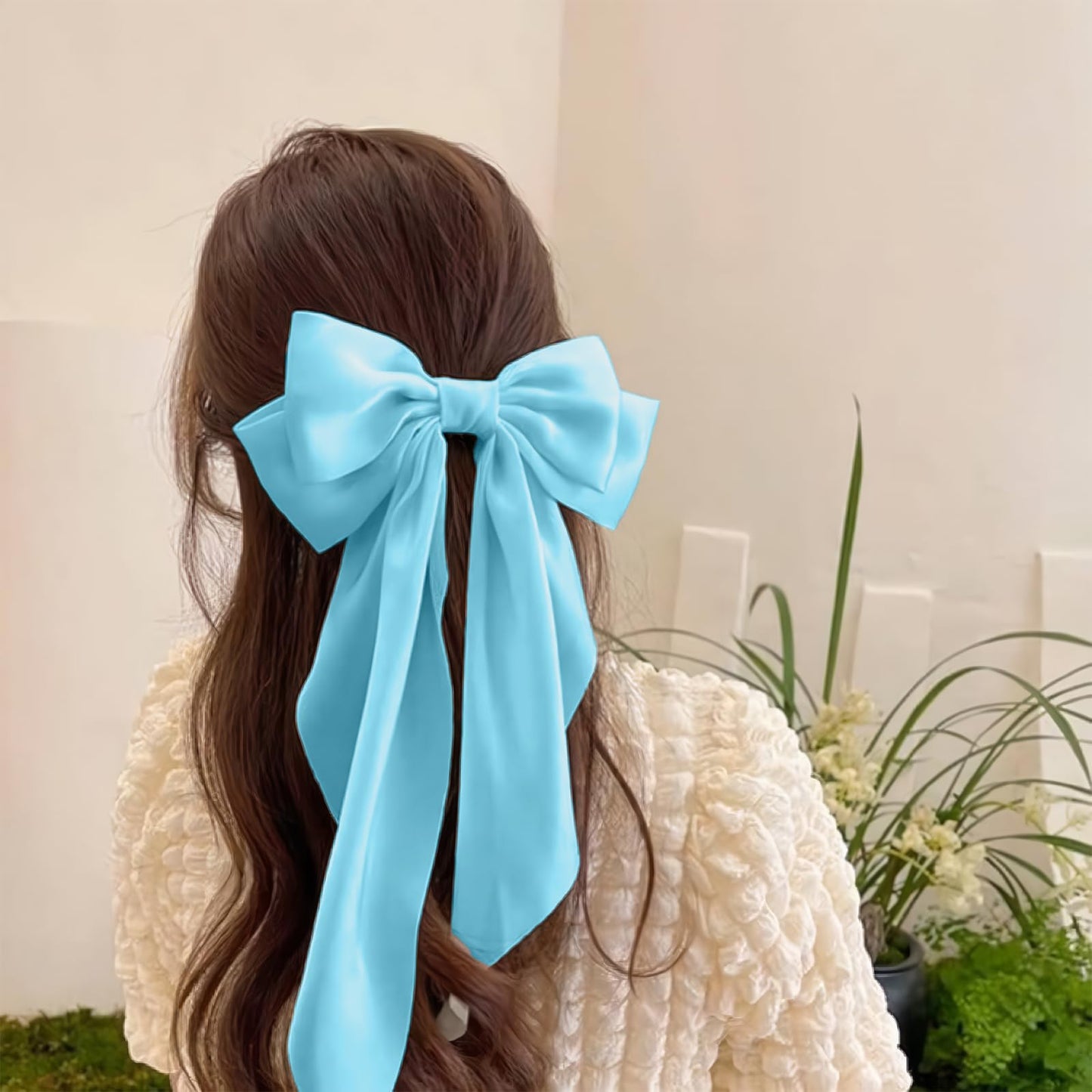 DJAIOD Hair Bow for Women,Blue Silky Satin Bow, Large Light Blue Hair Bows, Long Bow Clip, Coquette Bows Cute barrettes for Girls