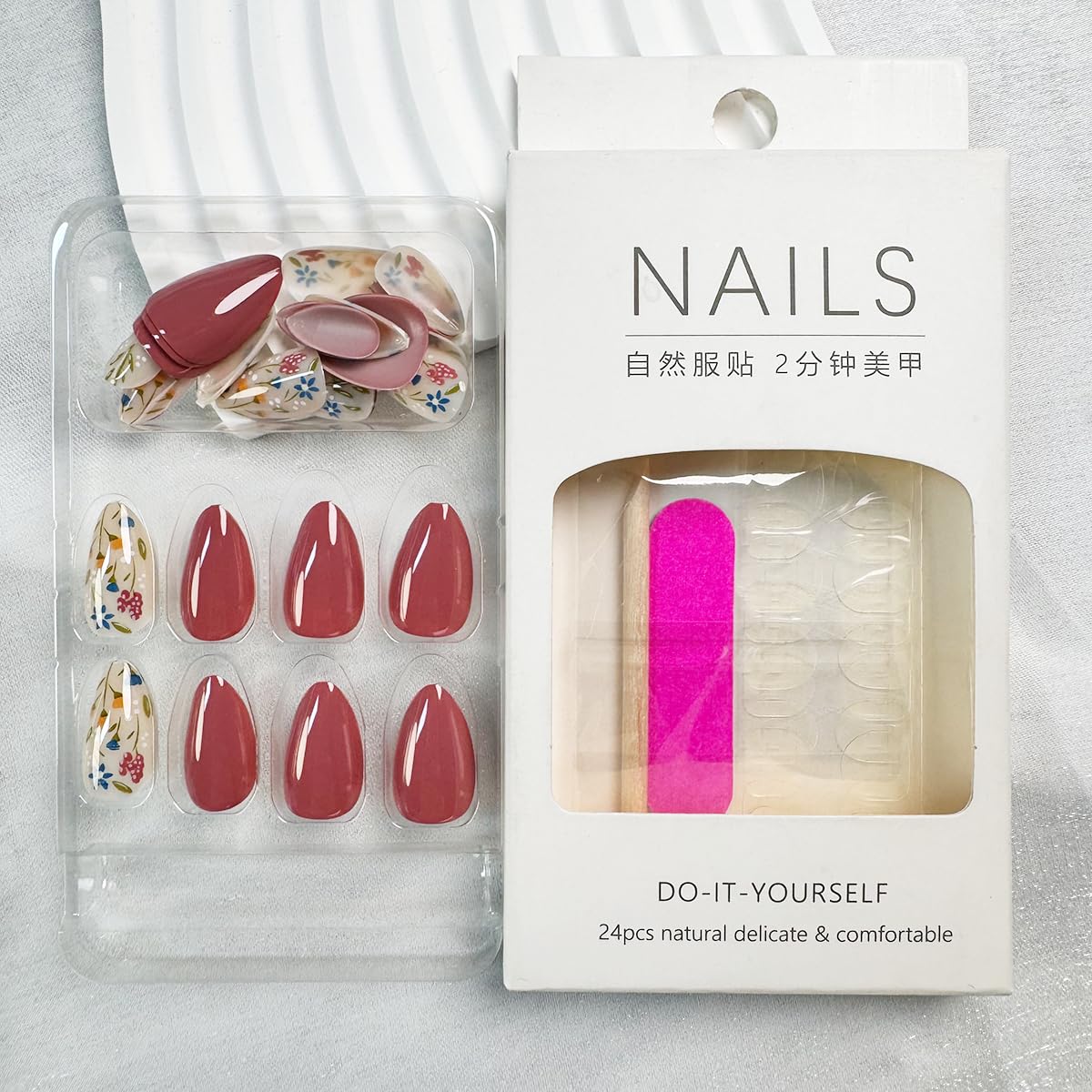 Brown Press on Nails Medium Almond Fake Nails Full Cover False Nails with Designs Leaf Flower Glue on Nails Glossy Acrylic Nails Stick on Nails Spring Summer Artificial Nails for Women Girls 24Pcs