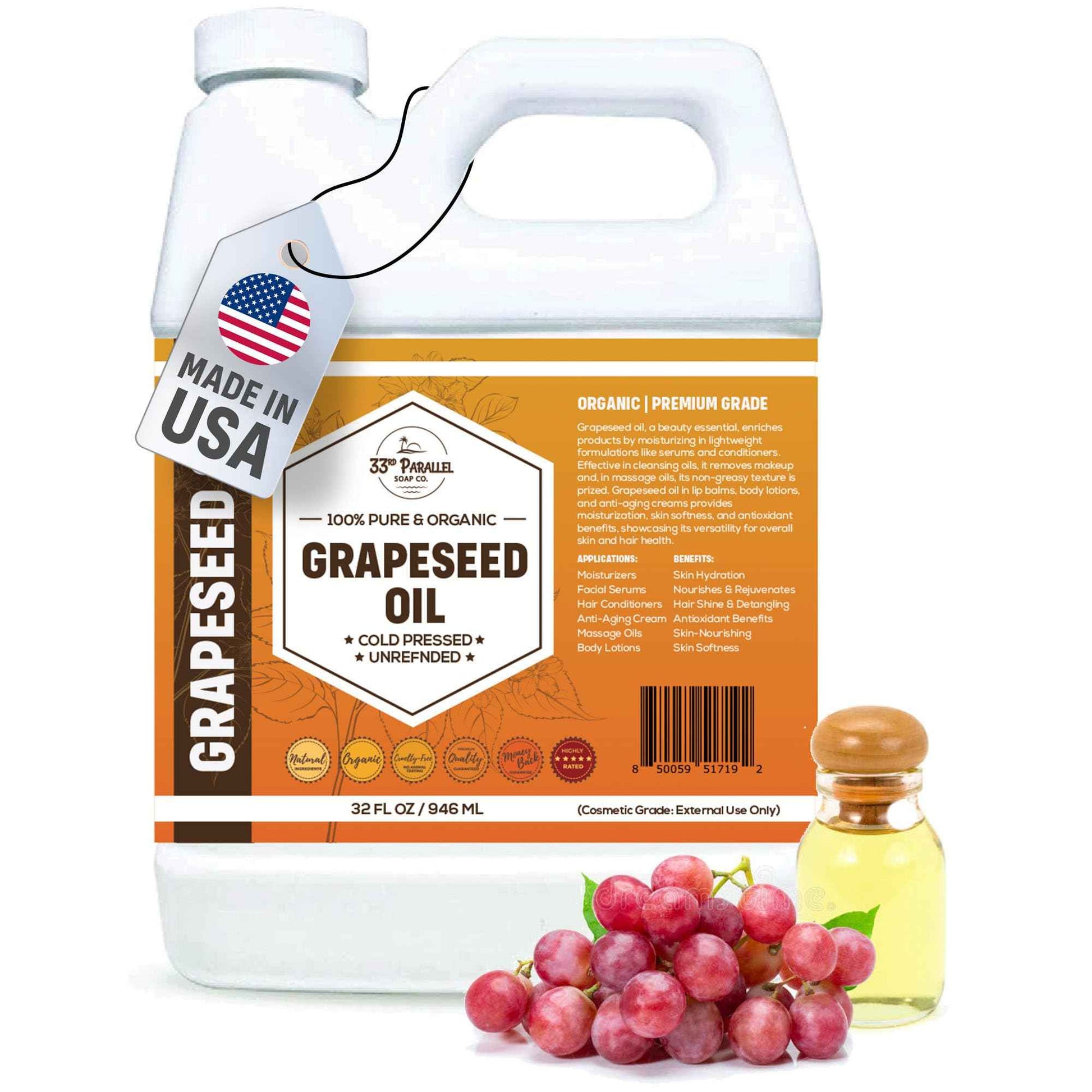 Organic GRAPESEED Oil (32 oz) Cold Pressed Unrefined | 100% Pure Natural, Non-GMO | Available in Bulk | Skin, Hair, Face, Carrier for Essential Oils, Soap Making | 32 FL OZ