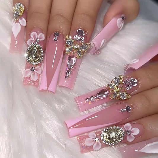 Pink Press on Nails Long Fake Nails with 3D Butterfly & Rhinestones Acrylic Nails Extra Long French Full Cover Glue on Nails Square False Nails Flower & Glitter Stick on Nails for Women 24 Pcs