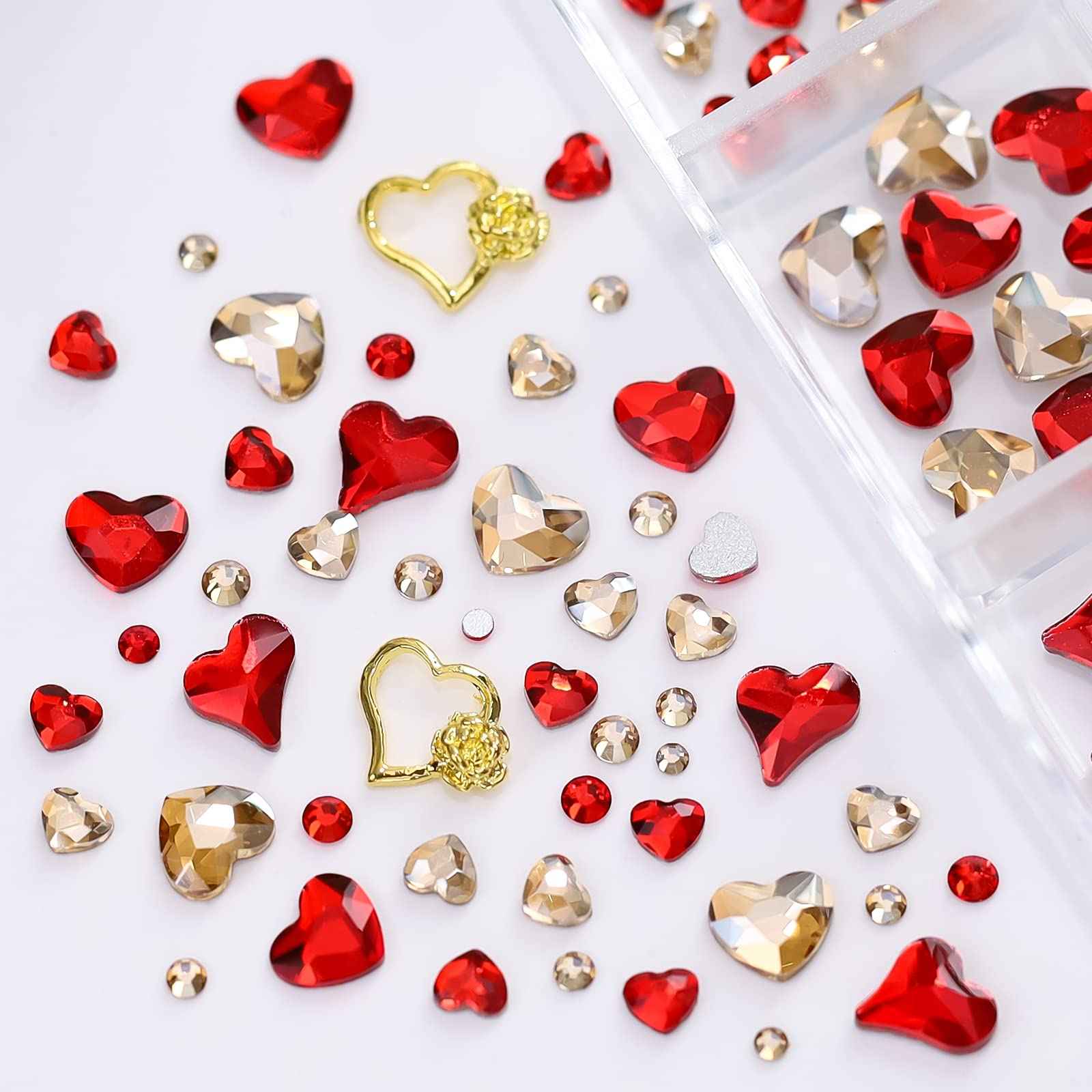 767pcs Red Heart Nail Art Charms Love Gems Glitter Valentines Decoration 3D Red Gold Round Beads Flatback Diamonds Design Rose Nail Studs Jewel Craft Clothes Shoes Supplies for Women