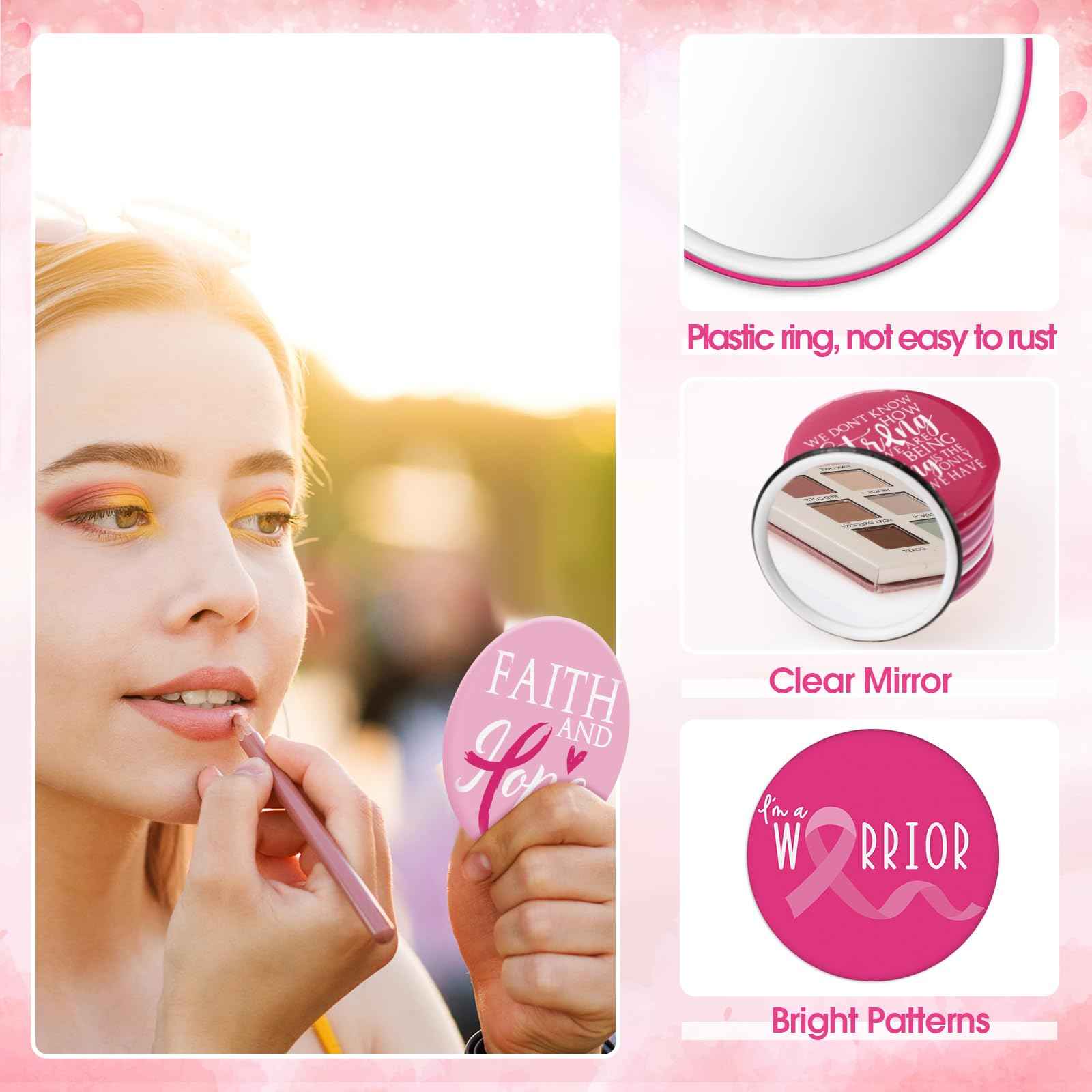 Wonderjune 200 Pcs Breast Cancer Awareness Gifts Pocket Mirror Bulk Portable Travel Mirrors Pink Ribbon Breast Survivor Compact Mirror for Charity Women Public School Events Supplies (Inspirational)