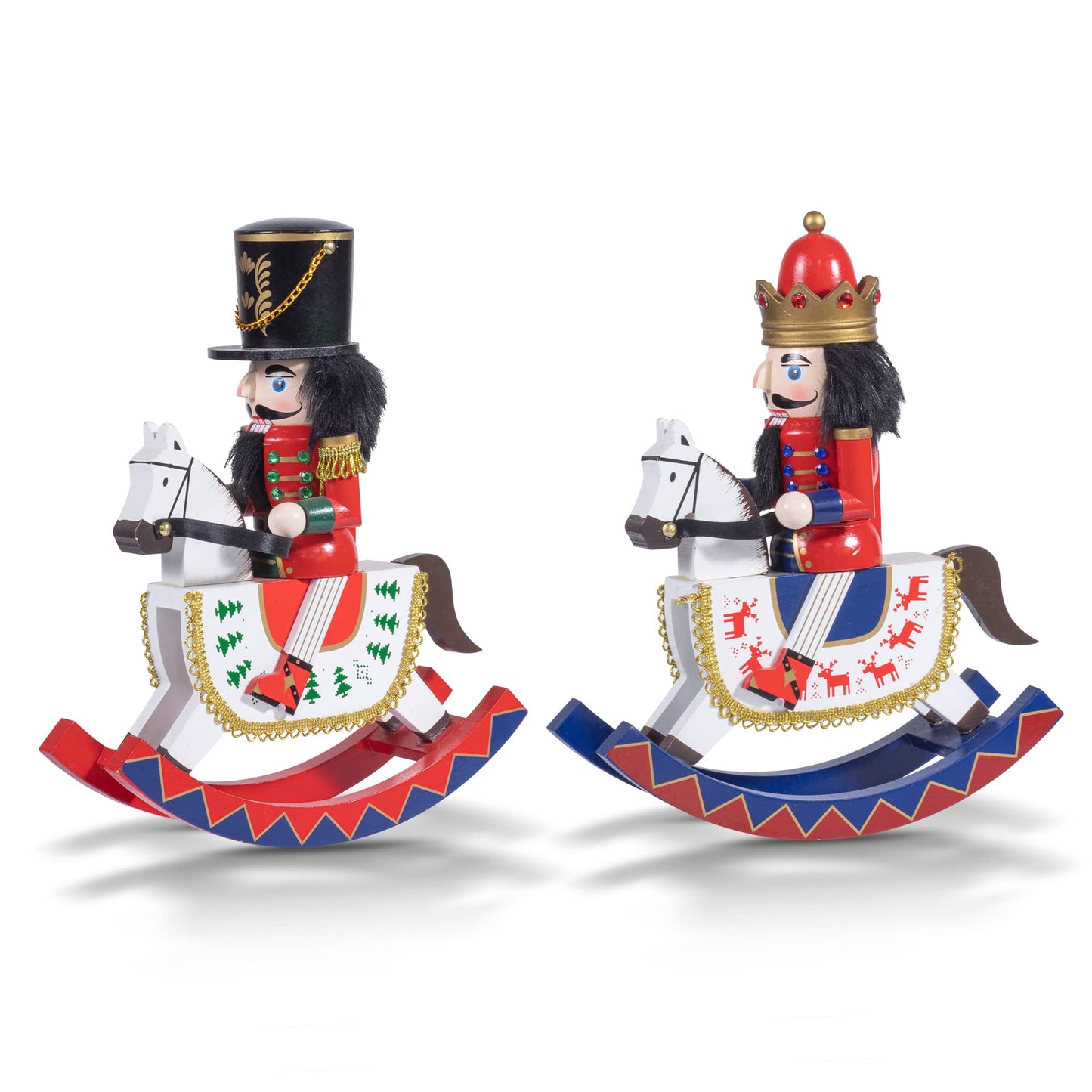 KI Store Wooden Rocking Horse Nutcracker 12-Inch Set of 2 Soldier Nutcracker Figures on Rocking Horse Christmas Decoration