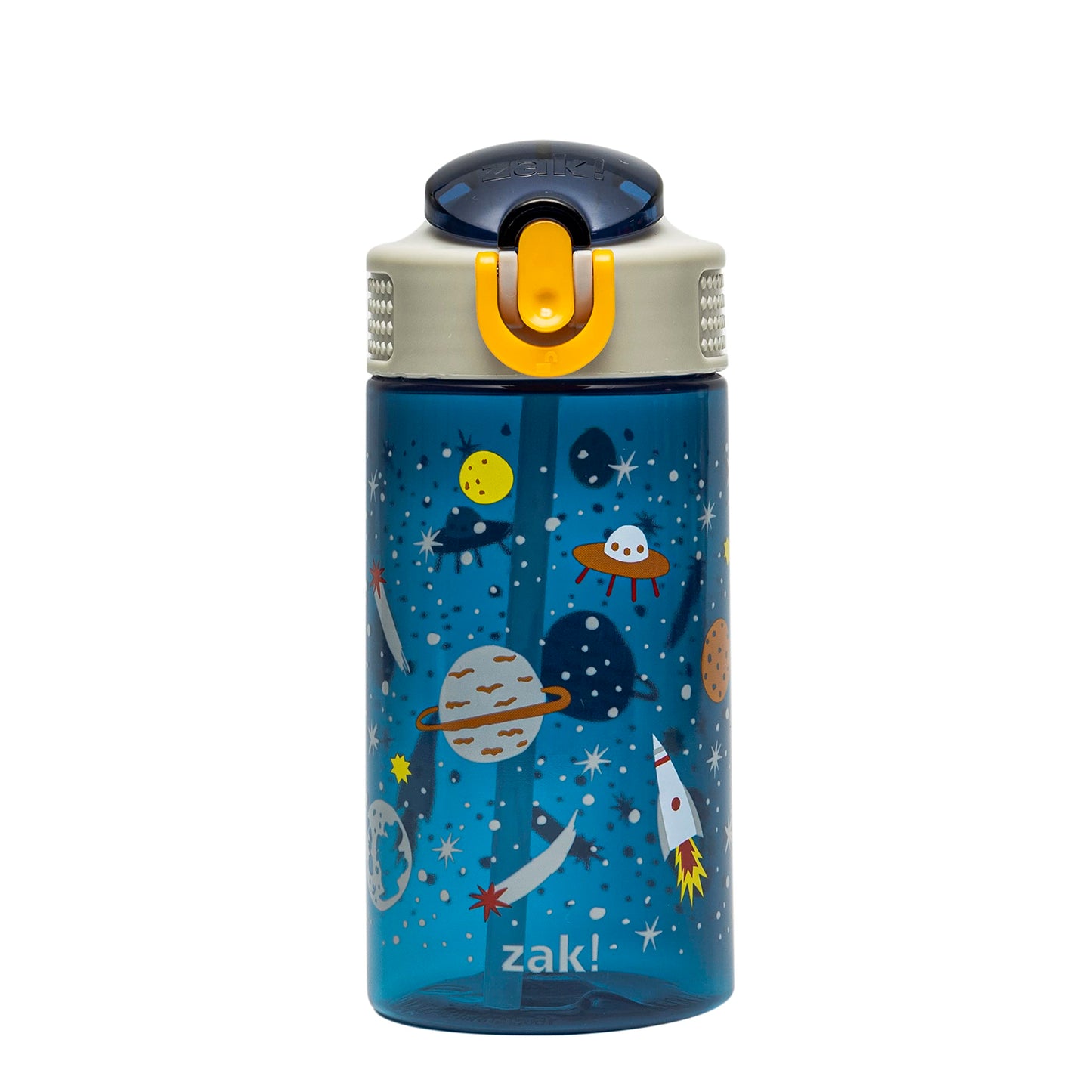 Zak Designs Kids Water Bottle For School or Travel, 16oz Durable Plastic Water Bottle With Straw, Handle, and Leak-Proof, Pop-Up Spout Cover (Space)