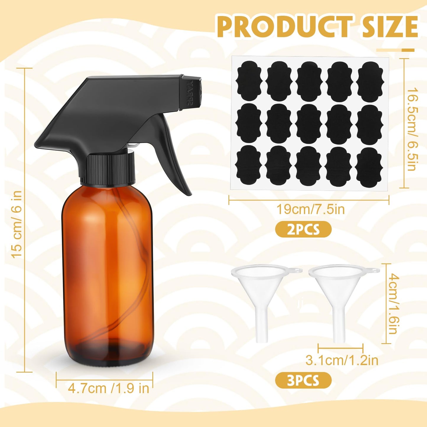 Fumete 20 Pcs 4 oz Glass Spray Bottles Empty Refillable Sprayer Containers with Funnels Labels Black Trigger Sprayers Spray Bottles for Essential Oil DIY Kitchen Hair Plants(Amber)