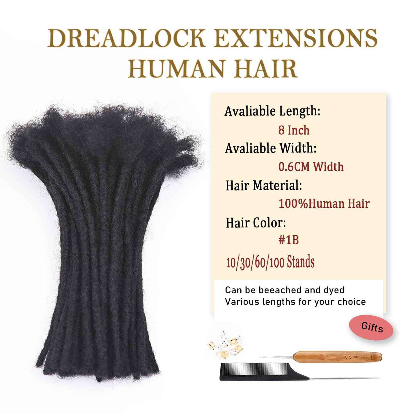 Loc Extension Human Hair 8inch 40Strands 0.6cm Width Natual Black Can Be Dyed Bleached Curled 100% Full Handmade Permanent Dreadlock Extensions for Women/Men