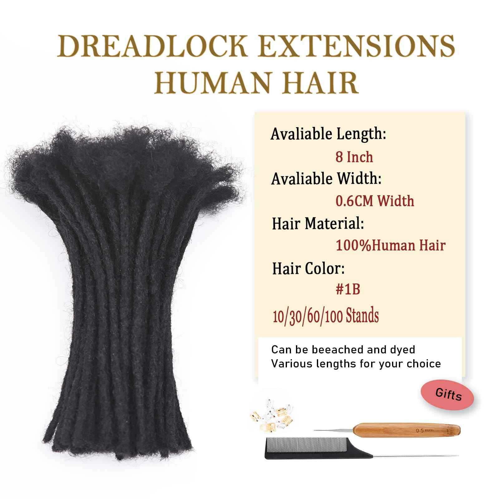 Loc Extension Human Hair 8inch 40Strands 0.6cm Width Natual Black Can Be Dyed Bleached Curled 100% Full Handmade Permanent Dreadlock Extensions for Women/Men