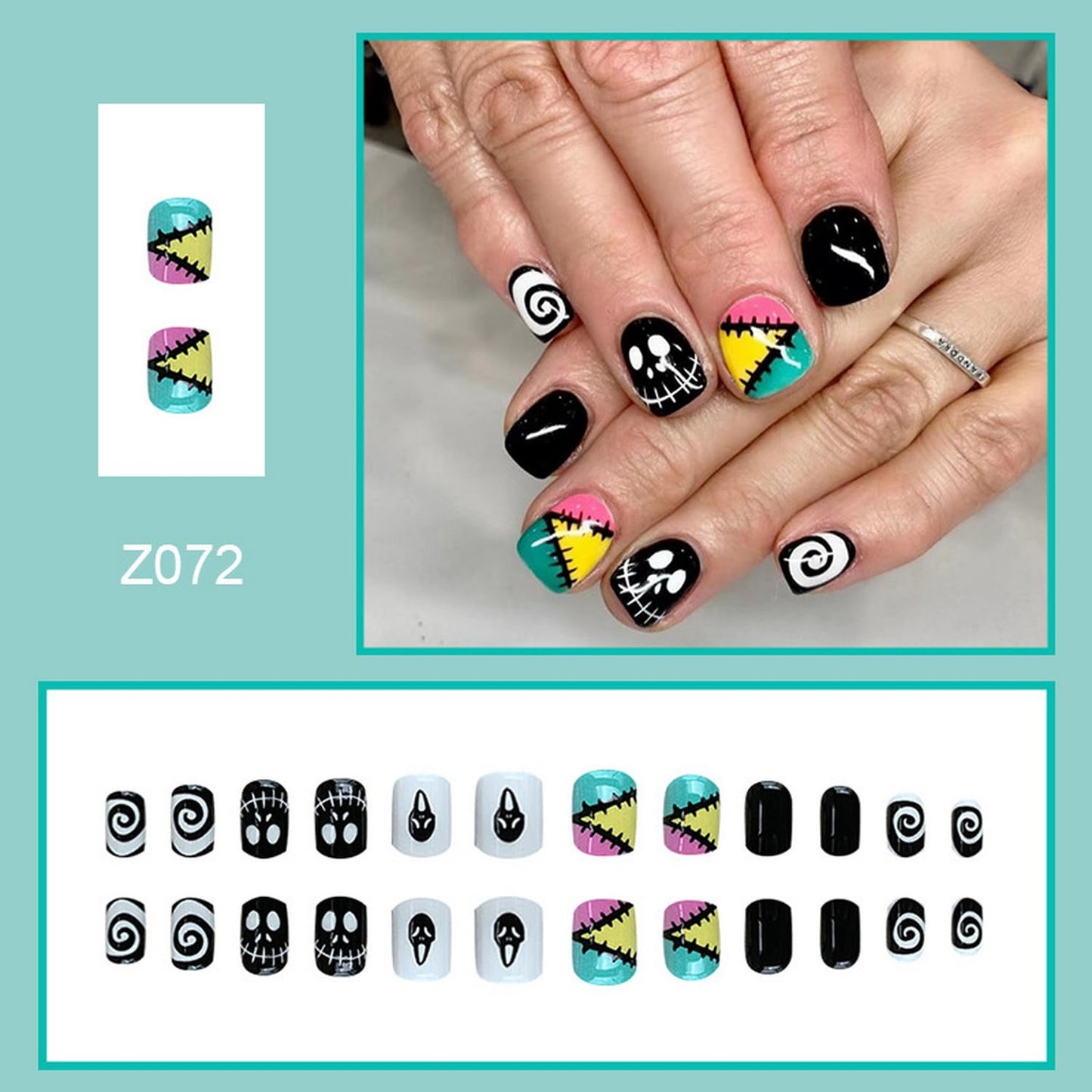 24Pcs Halloween Press on Nails Short Fake Nails with Patch Ghost Face Vortex Designs Square Shape Glue on Nails,Full Cover Acrylic Glossy Nail Tips,Women Girls Halloween Nails Decor