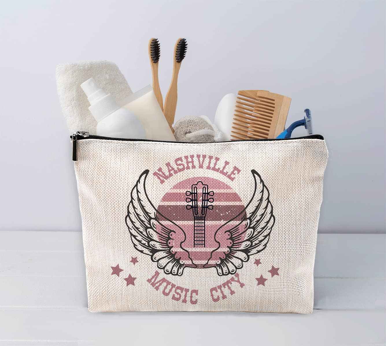 Sufamb Nashville Music City Retro Country Music Makeup Bag,Vintage Western Angel Wings Guitar Western Cosmetic Pouch,Christmas Birthday Gifts for Teen Girls Best Friends,Country Music Lover Gifts