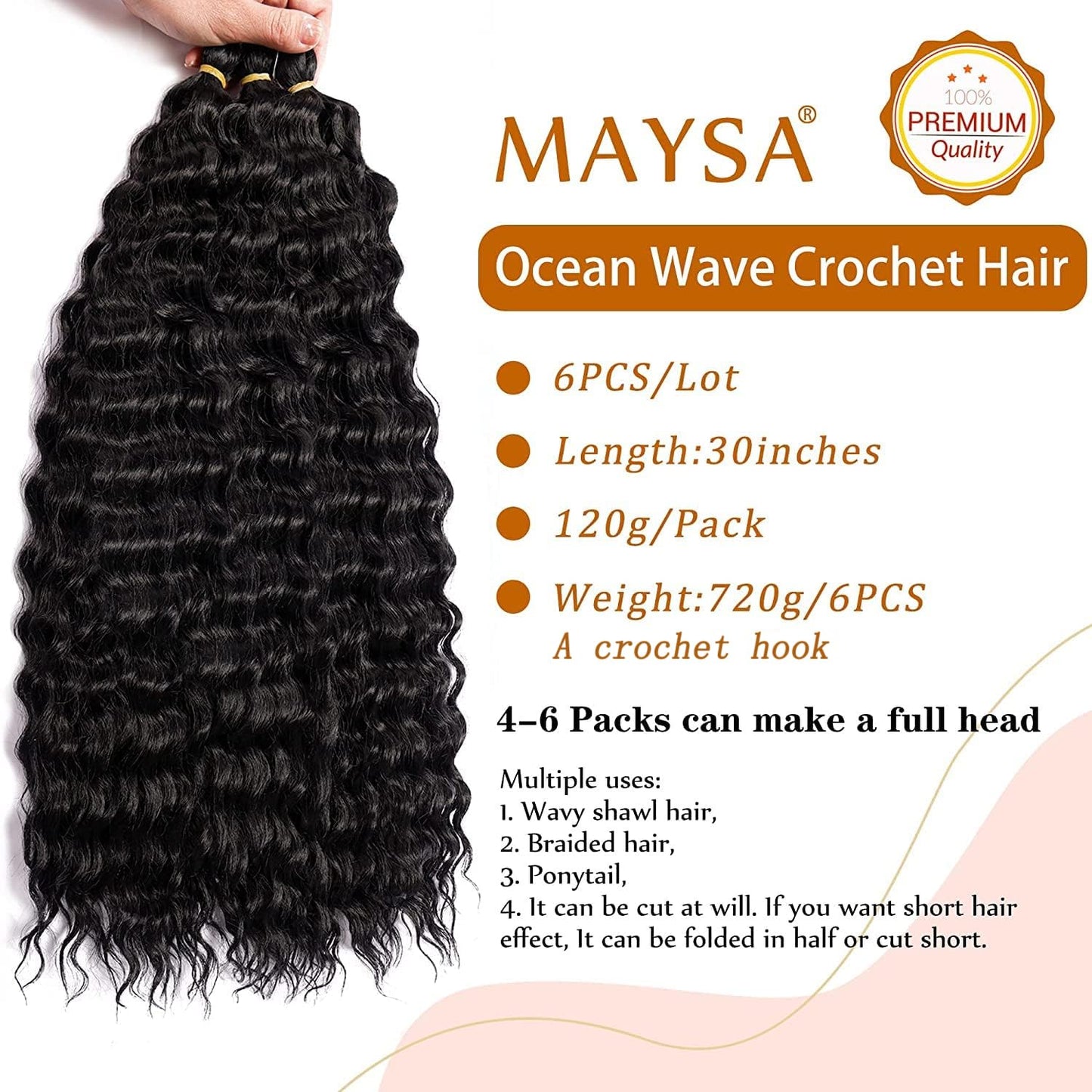 MAYSA Ocean Wave Crochet Hair Extensions Curly Braiding Crochet Hair 30in 6Packs Soft Synthetic Long Crochet Hair for Black Women #1B Natural Black