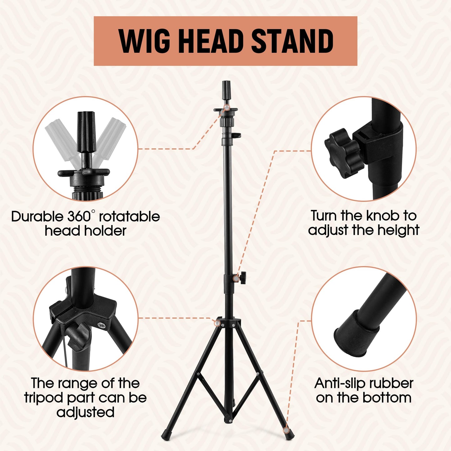 Goodofferplace Tall Wig Tripod Stand with Head,23 Inch Wig Head Stand with Canvas Mannequin Head for Styling,Wig Making Display,with Wig Caps,T-PIN,C Needles,Clips,Carrying Bag,Comb(37.4-50.8 Inch)