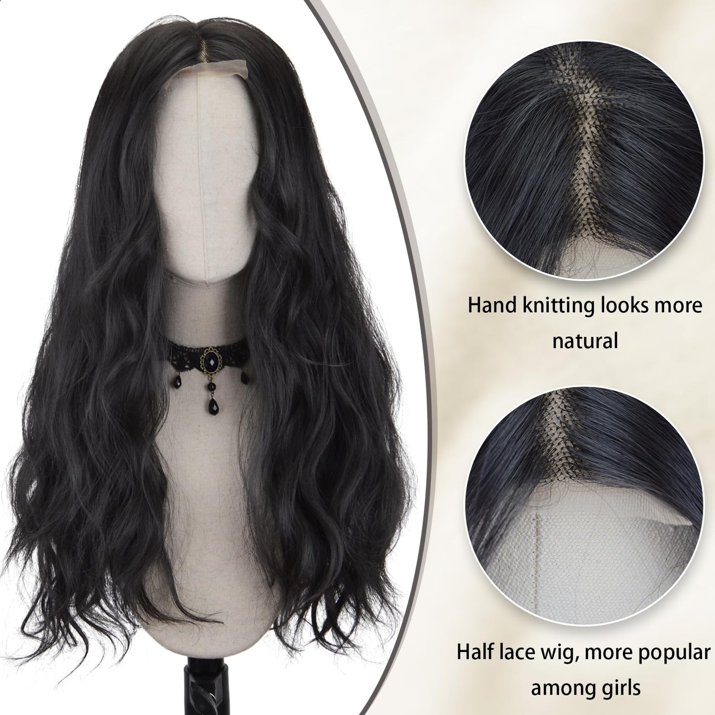 FREE BEAUTY Long Black Wavy Wig for Women Middle Part Wig with Small Piece Lace Curly Wavy Wig Natural Looking Synthetic Heat Resistant Fiber Wig for Daily Party Use 26 Inch