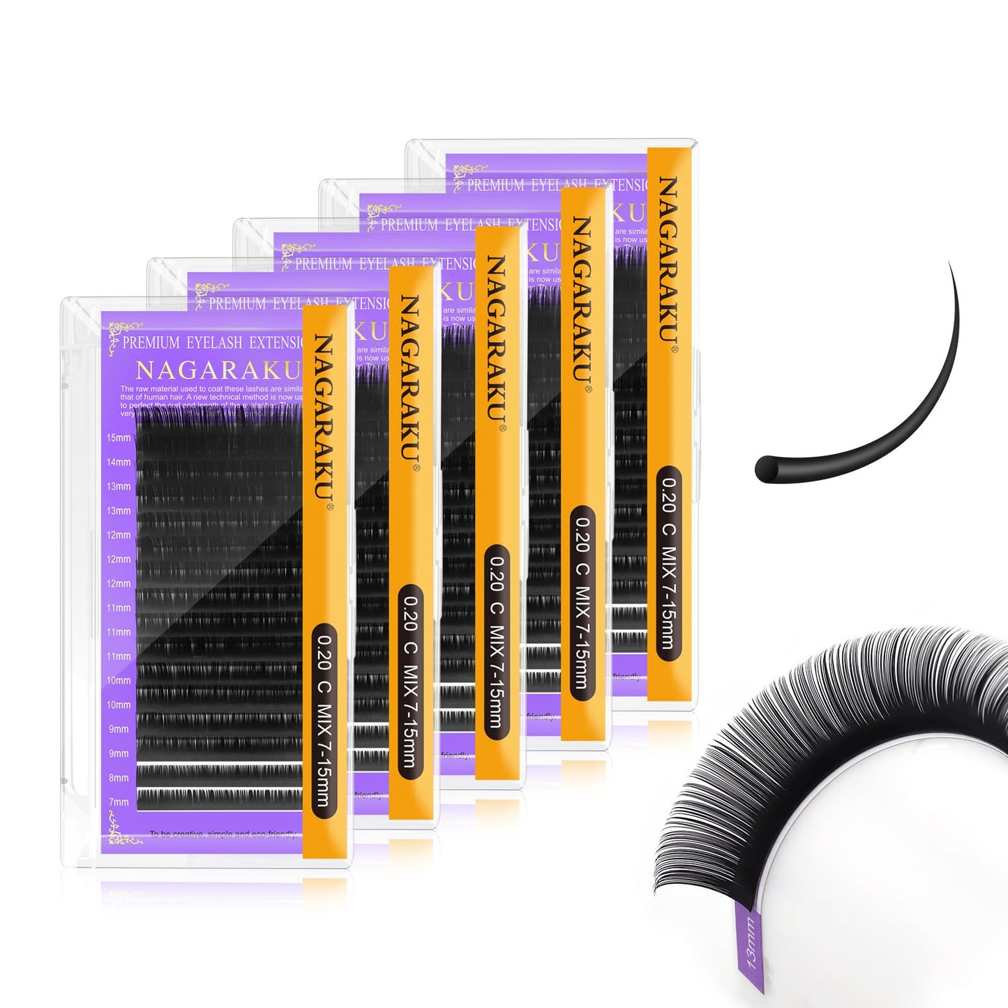 NAGARAKU 5 Trays Eyelash Extensions 0.20mm C curl 7-15mm Mix Tray Individual Lashes Classic Matte Black Faux Mink 16 Rows Professional Beauty Salon Supplies