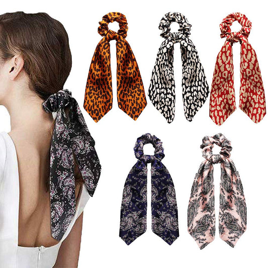 5Pcs Leopard Print Scarf Scrunchie Silk Satin Hair Scarves Elastic Bandana Hair Bands Bohemian Style Ponytail Holder Ties (Leopard Headband - 5A)