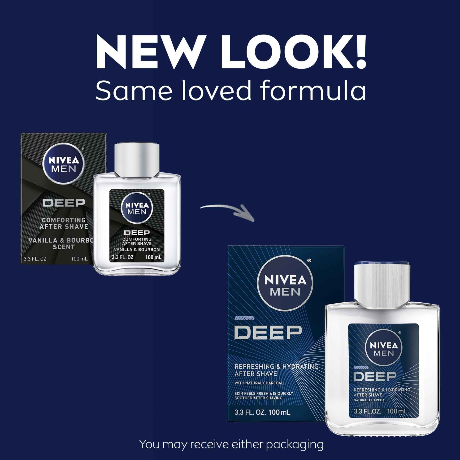 NIVEA Men DEEP Refreshing and Hydrating After Shave with Natural Charcoal, Aftershave Lotion for Men Soothes Shave Irritation, Vanilla and Bourbon Scent, 3.3 Fl Oz Bottle, Pack of 3