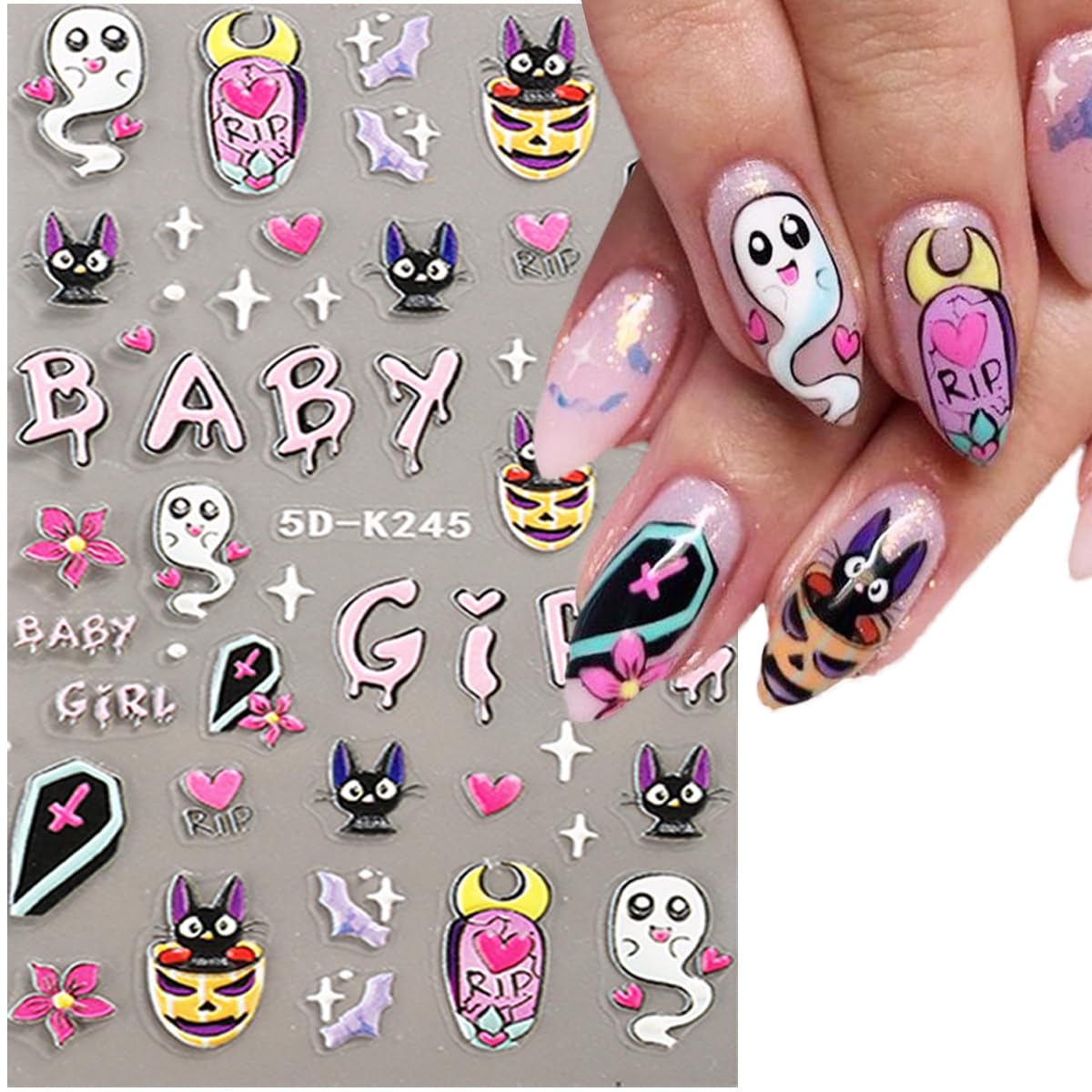 3Sheets Halloween Nail Stickers Decals for Nail 5D Scary Skull Spider Web Pink Ghost Pumpkin Designer Nail Stickers DIY Gothic Acrylic Nails Arts for Halloween Women Girls Nail Art Supplies.