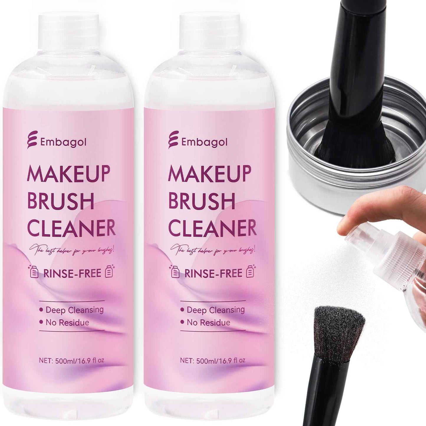 Embagol Makeup Brush Cleaner, Easily Remove Stubborn Makeup, Dirt & Impurities from Makeup Brushes, Rinse-Free & Quick Drying & Vegan & Cruelty-Free(1000 ml/33.8 fl oz, pack of 2)