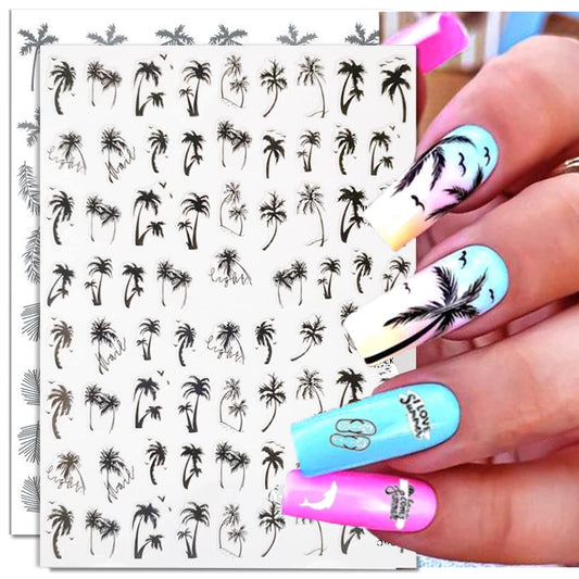 Summer Coconut Tree Nail Stickers Palm Tree Leaf Designer Nail Decals for Summer Nails Art Decorations Supplies 3D Self-Adhesive Black Gray Tropical Style Summer Nail Art Stickers for Women, 6Sheets