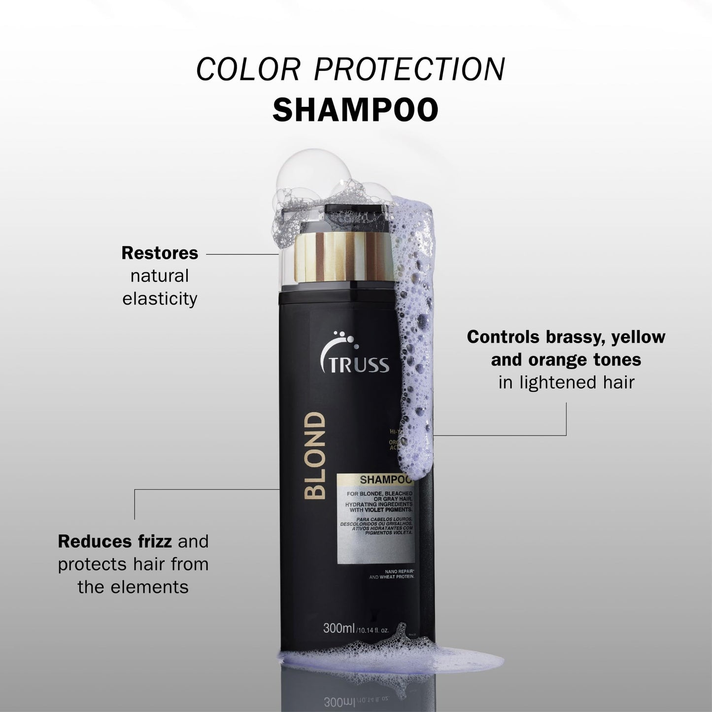 TRUSS Blond Shampoo - Toning & Color Protect Shampoo with Frizz Control - Violet Pigmented Blonde Shampoo that Controls Brassy and Yellow + Orange Tones in Bleached, Highlighted & Gray Hair (300 ml)