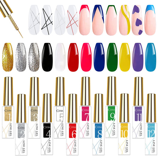 COOSA 12 Colors Painting Drawing Liner Pen Gel with Brush Nail Panting Polish Gel Nail Art Wire Drawing Gel for Line Drawing Nail Paint Pull Line Nail Art Decoration