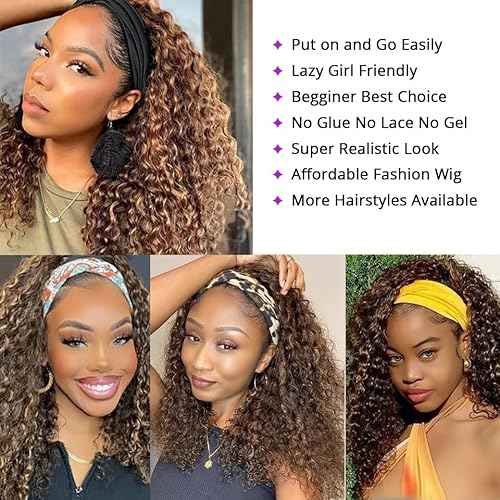 XSY Highlight Ombre kinky Curly Headband Wig Human Hair 20 Inch Headband Wigs For Women Human Hair Glueless None Lace Front Curly Wave Wigs Brazilian Virgin Hair Wear And Go Glueless Wig 150% Density