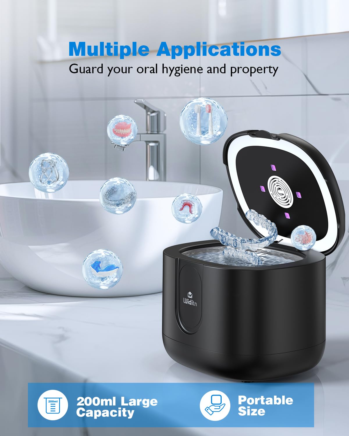 Widit Ultrasonic Retainer Cleaner, Retainer Cleaner Machine with U-V Light & Drying, 46kHz Sonic Cleaner Machine, 4 Modes with Digital Timer for Dentures, Mouth Guard, Braces, Aligner, Jewelry