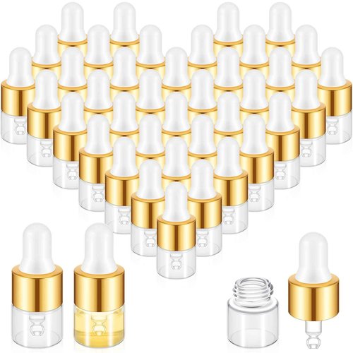 Didaey 200 Pcs Mini Glass Oil Dropper Bottle Bulk, Clear Essential Small Empty Bottles Sample Containers Perfume Liquid Vials with Cap for Traveling (1 ml,Gold)