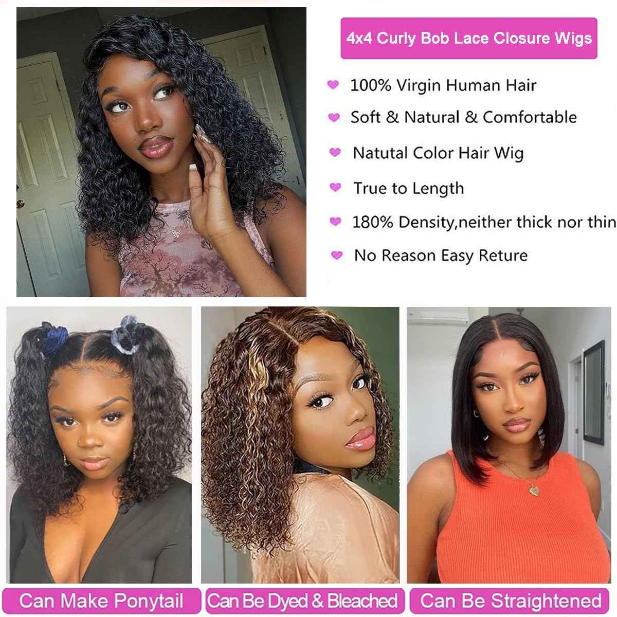 Tascal Curly Bob Wig Human Hair 4x4 Lace Closure Wigs Human Hair Curly Human Hair Wig 180% Density Wet and Wavy Short Curly Wigs for Black Women(Natural Color, 10 Inch)
