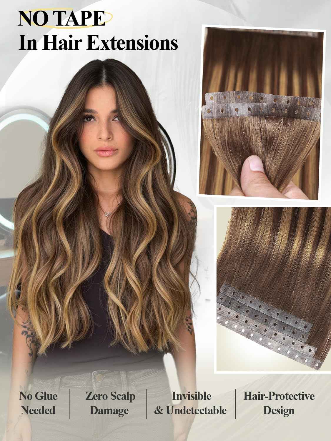 Invisible Weft Hair Extensions Human Hair Pu Skin Weft Micro Link Real Human Hair Seamless T4/27 Balayage Caramel Blonde Human Hair Extensions No Tape In Weft Hair Extensions (35g 4Pcs,16 Inch)