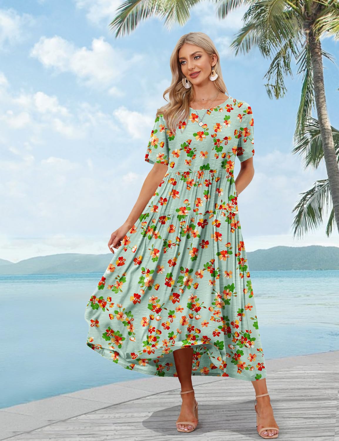 YESNO Women Casual Loose Bohemian Floral Dress with Pockets Short Sleeve Long Maxi Summer Beach Swing Dress S EJF CR413