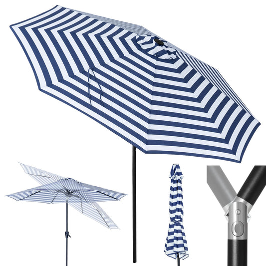 Tempera 9ft Patio Market Outdoor Table Umbrella with Push Button Tilt and Crank,Large Sun Umbrella with Sturdy Pole&Fade resistant canopy,Easy to set, Blue White Stripe