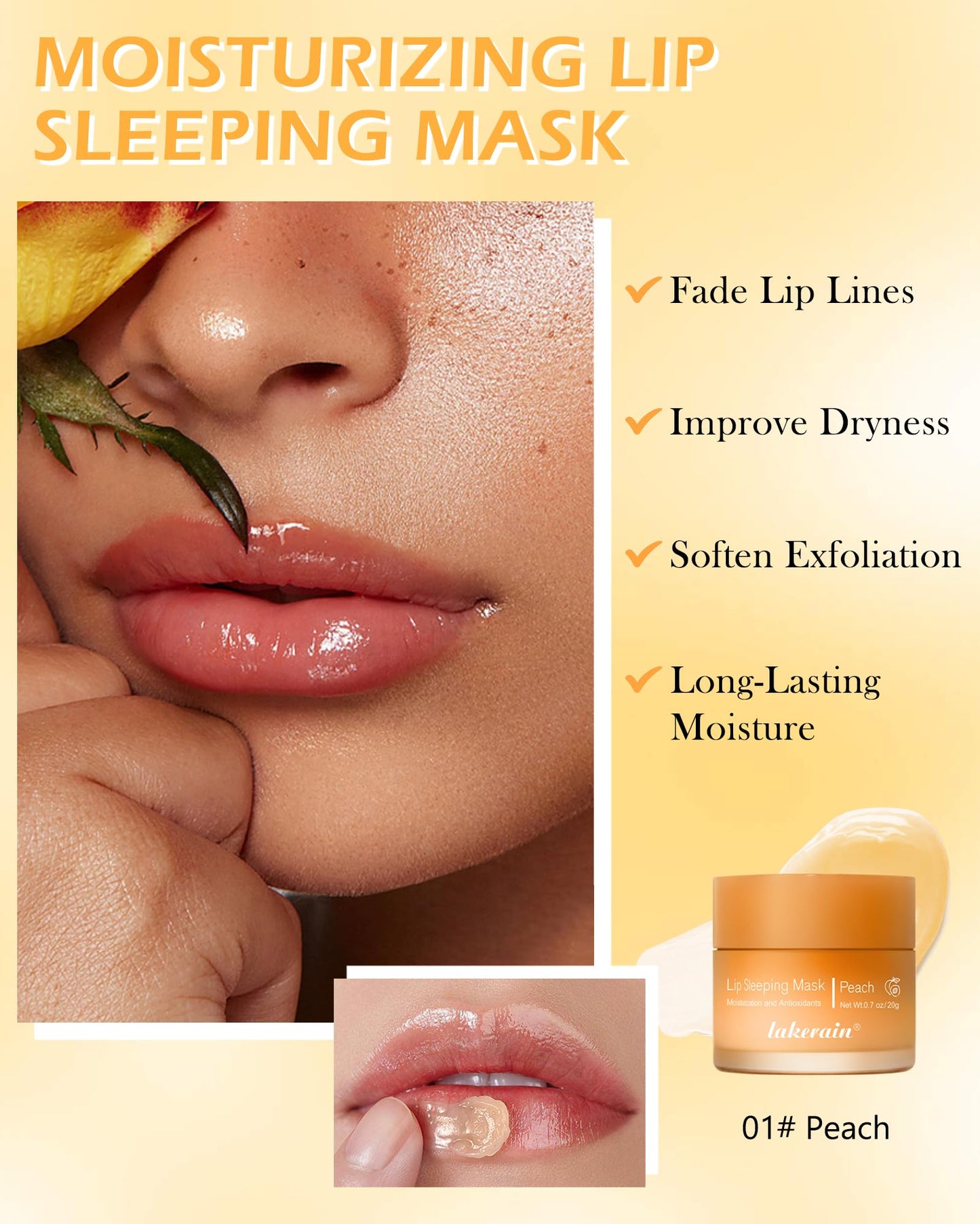 Sleeping Lip Mask, Overnight Hydrating & Prevention Dry and Cracked Lips Scrubs Exfoliator & Moisturizer, Ultra-Nourishing Lip Sleeping Mask with Wand, Lip Care Therapy Treatment for Women-01#Peach