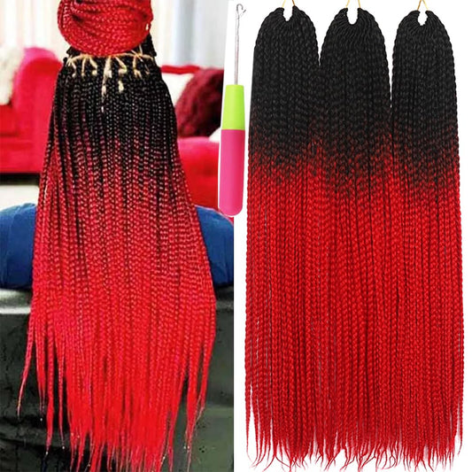 Box Braids Crochet Hair 24 Inch Prelooped Crochet Hair Extensions Hand Made 3 Packs Twist Crothet Braids Hair for Girls and Women Braiding Hair Extensions 22 Strands/Pack (24 Inch (Pack of 3), Black-Red)