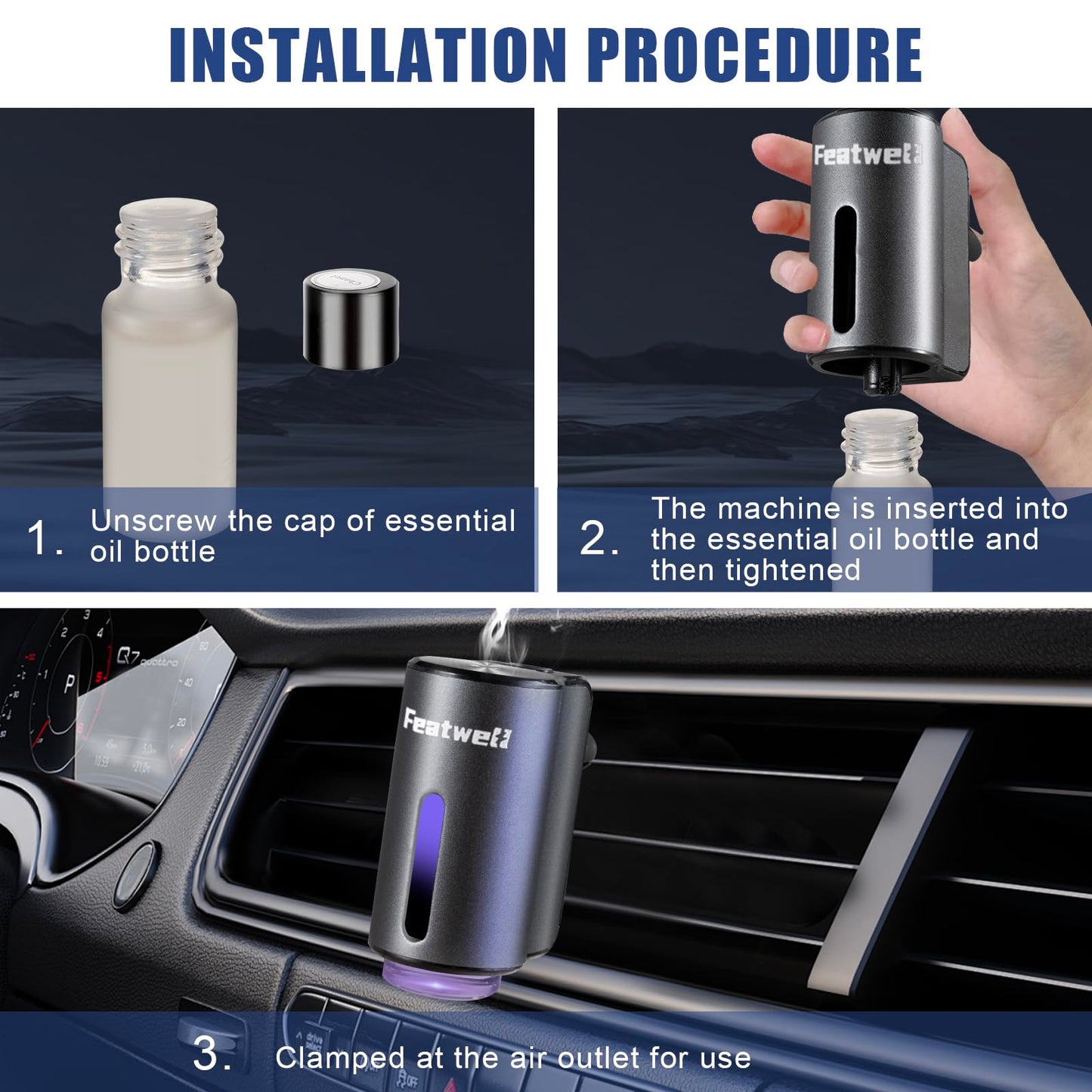 Featwell Car Air Freshener Diffuser, Three Adjustable Modes Smart Car Air Freshener, Intelligent Car Aroma Diffuser with 3pcs Essential Oil, Grey