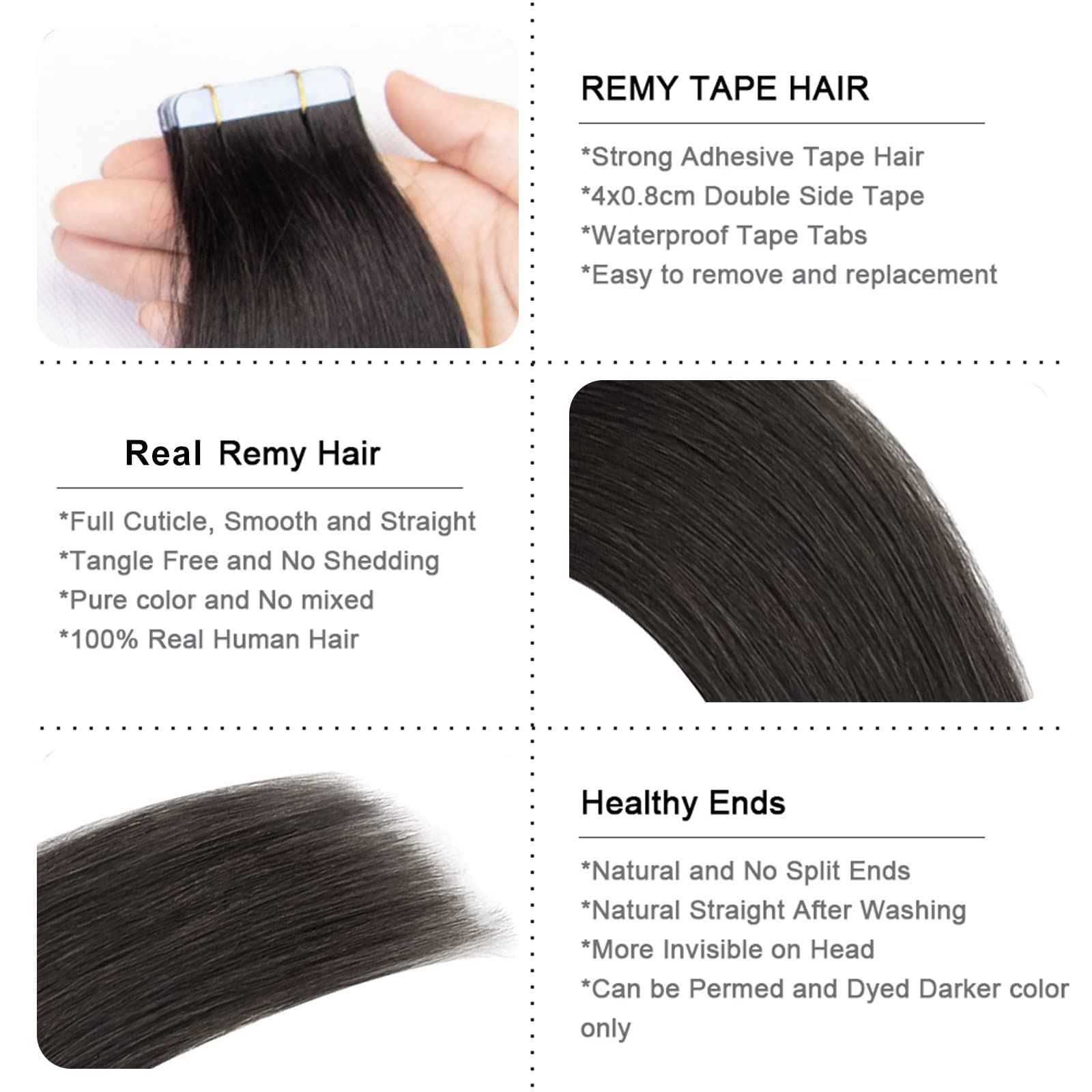 VADES Tape In Hair Extensions Remy Human Hair Natural Black Tape Hair Extensions Real Human Hair 20 Inch Invisible Seamless Skin Weft Extensions 50 Grams 20 Pieces