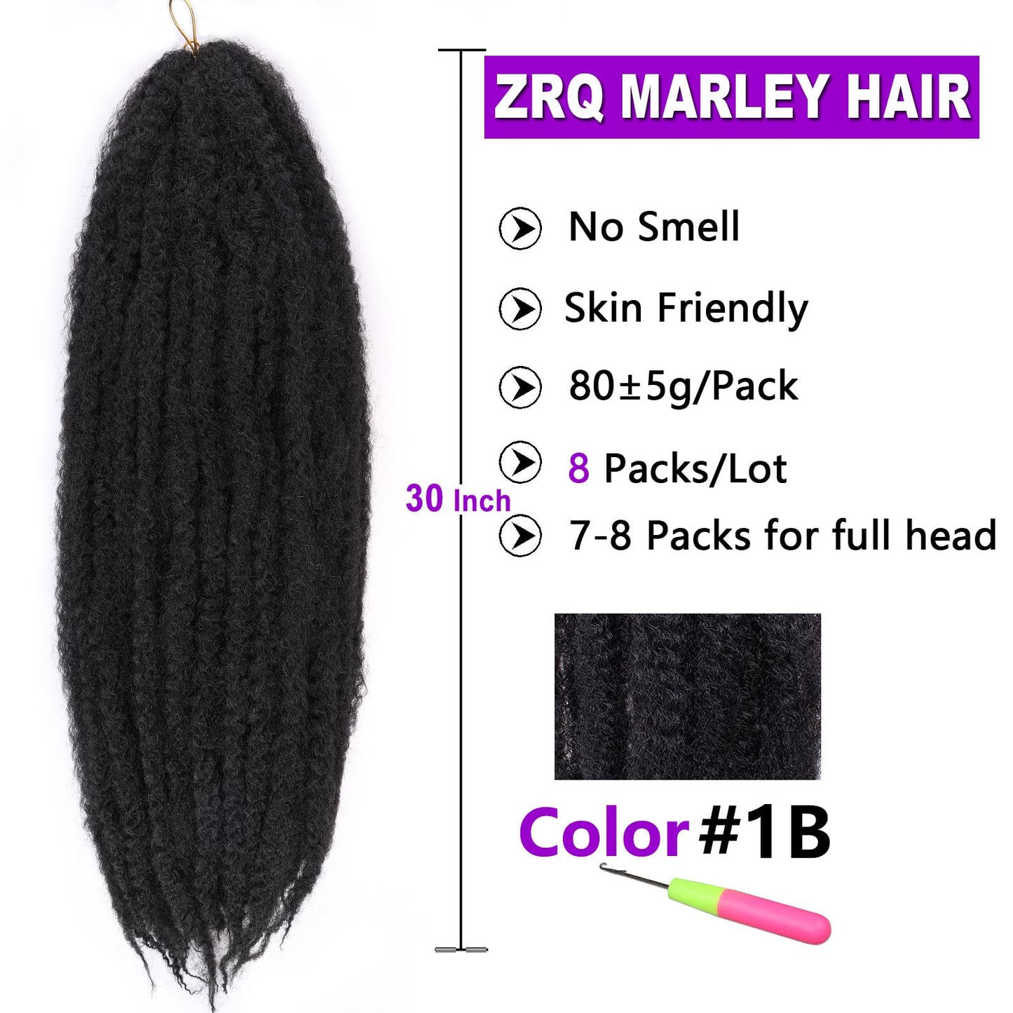 ZRQ Black Marley Hair 30 Inch Marley Twist Braiding Hair, 8 Packs Synthetic Curly Twist Marley Hair, Long Afro Twist Hair For Faux Locs Extensions (1B#,8 Packs)