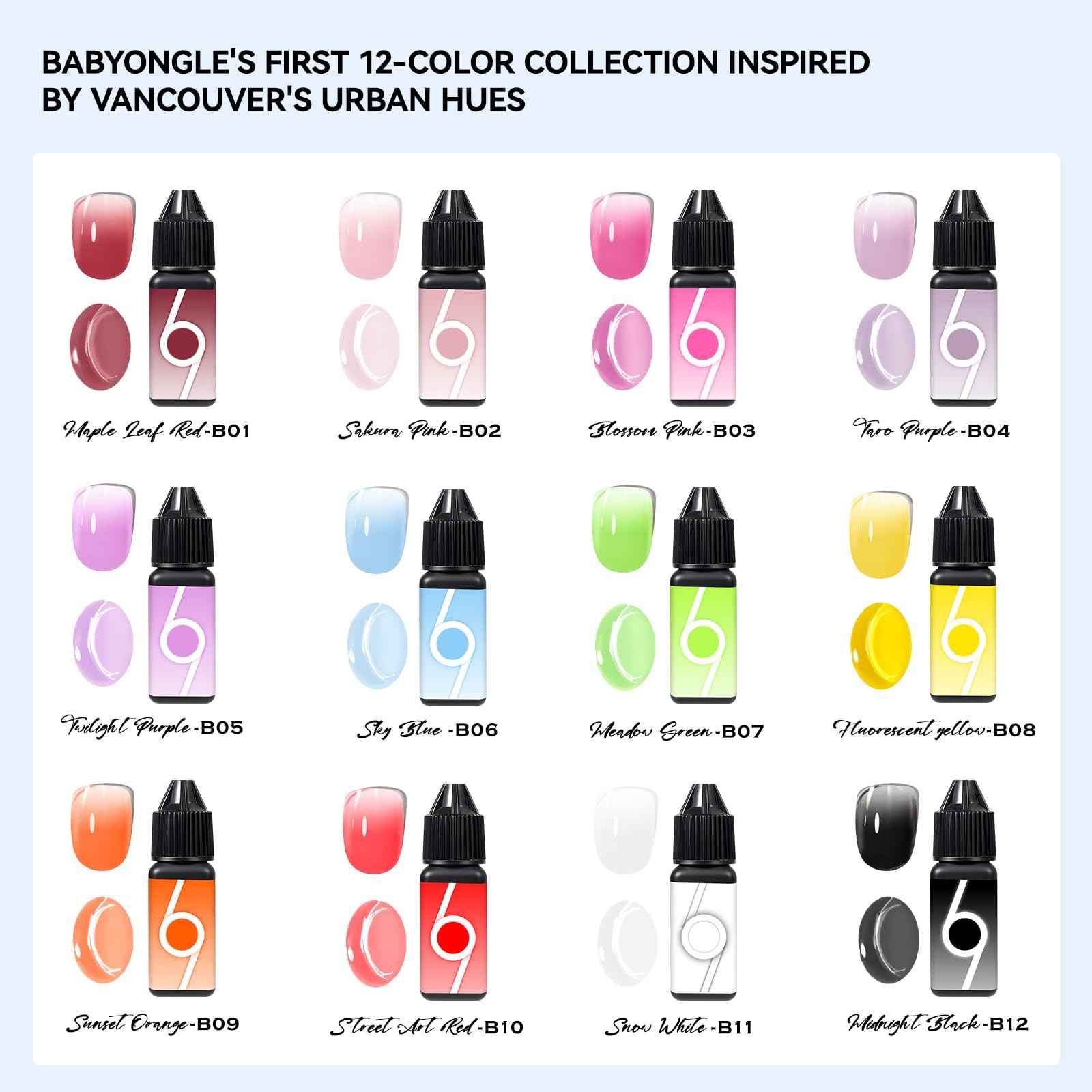 babyongle Airbrush Gel Nail Polish, 12 Vibrant Colors, Dilution Free Airbrush Gel for Fine Mist Gradient & French Nails, Acetone Free Salon-Quality Gel Nail Polish For Nail Art Design at Home,15ml