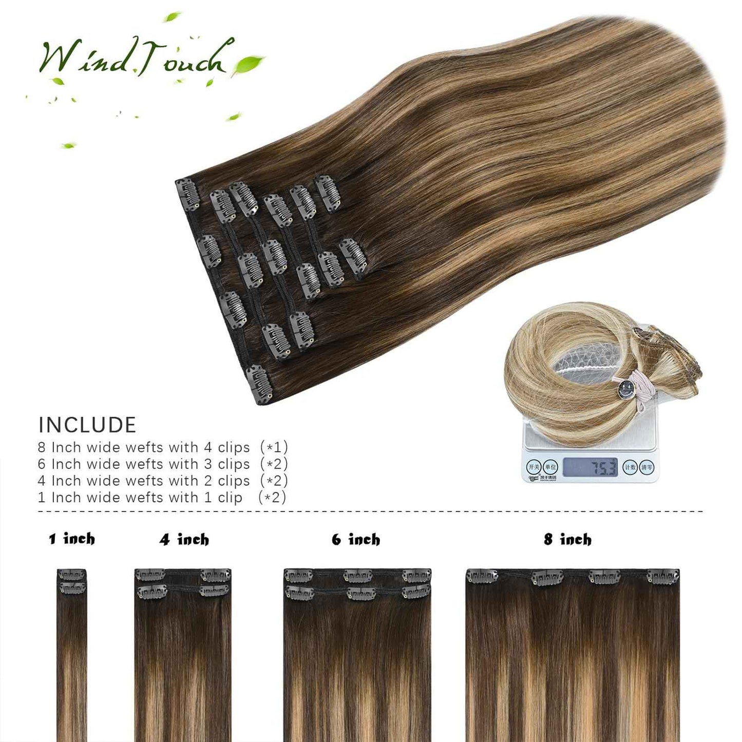 WindTouch Clip in Hair Extensions Real Human Hair Balayage Chocolate Brown To Dark Blonde Ombre Highlights for Brown Hair 12Inch 75g #4T27P4 7PCS
