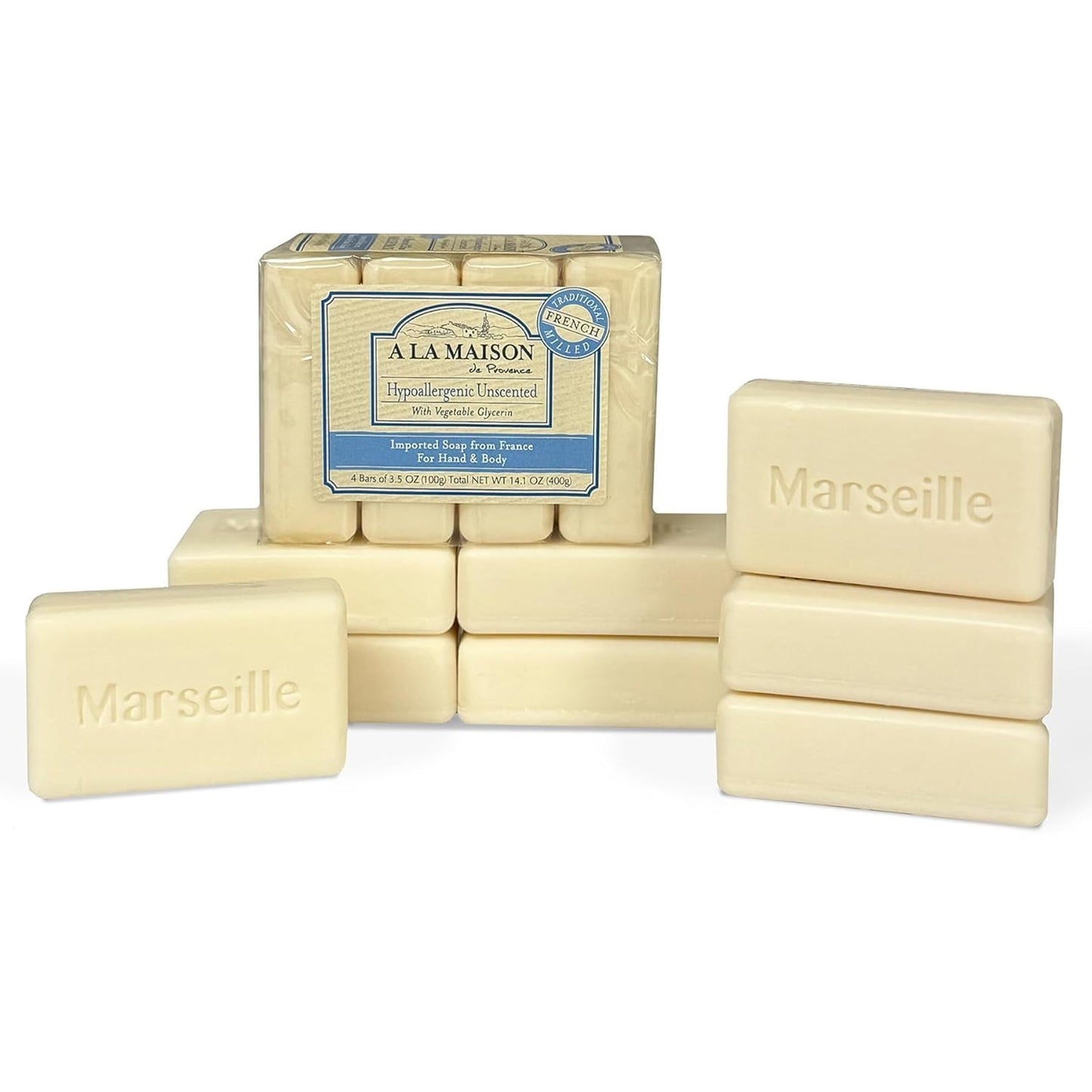 A LA MAISON Hypoallergenic Unscented Bar Soap - Triple French Milled Natural Moisturizing Hand Soap Bar (12 Bars of Soap, 3.5 oz)