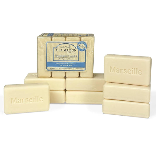 A LA MAISON Hypoallergenic Unscented Bar Soap - Triple French Milled Natural Moisturizing Hand Soap Bar (12 Bars of Soap, 3.5 oz)