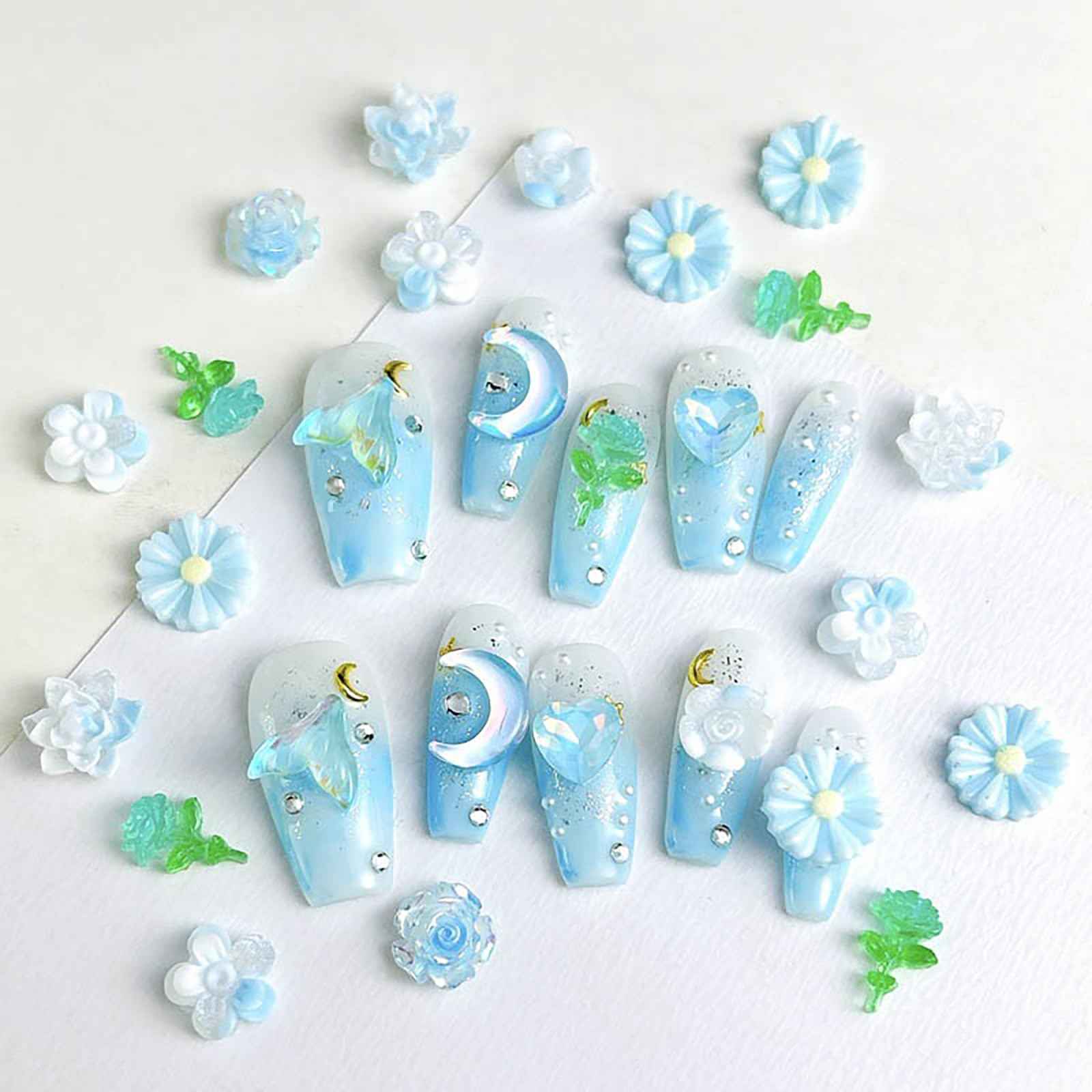 3D Flower Manicure Gems with Nail Rhinestone, Colorful Acrylic Double Color Nail Charms Rhinestones for Nails with Pickup & Dotting Tools Blue