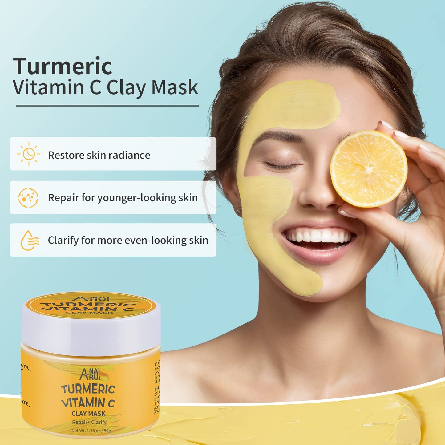 ANAI RUI Turmeric Vitamin C Facial Mask 3-in-1 Travel Mini Kit - Clay Mask, Peel Off Mask, Wash-Off Cream Mask, for Acne & Dark Spots, Oily Skin, Facial Spa Treatment 1.75 oz × 3 ea