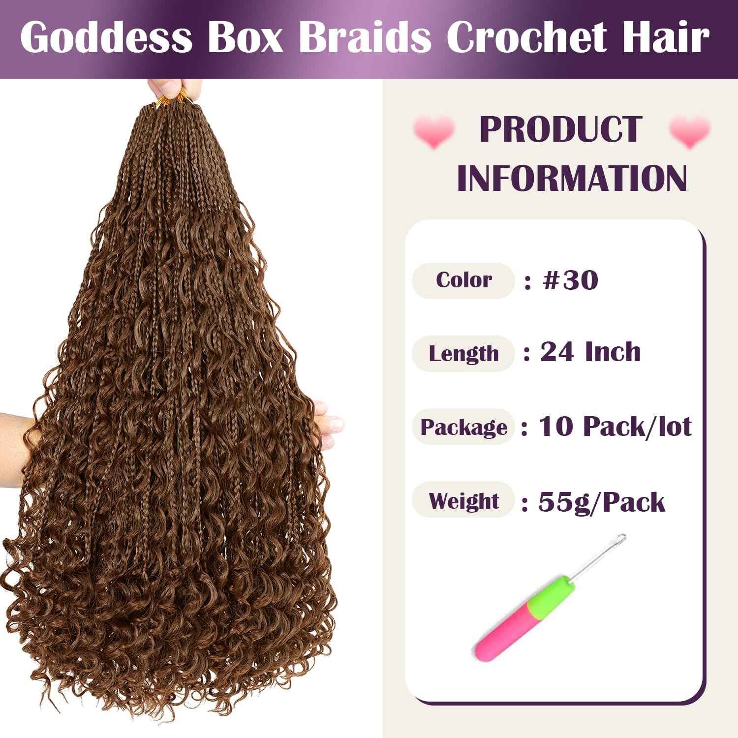 QQPIKHU 24 Inch Boho Crochet Braids Human Hair Mixed Synthetic Goddess Box Braids Crochet Hair Extensions Pre Looped Bohemian Goddess Braids Crochet Hair for Women (#30, 10 Packs)