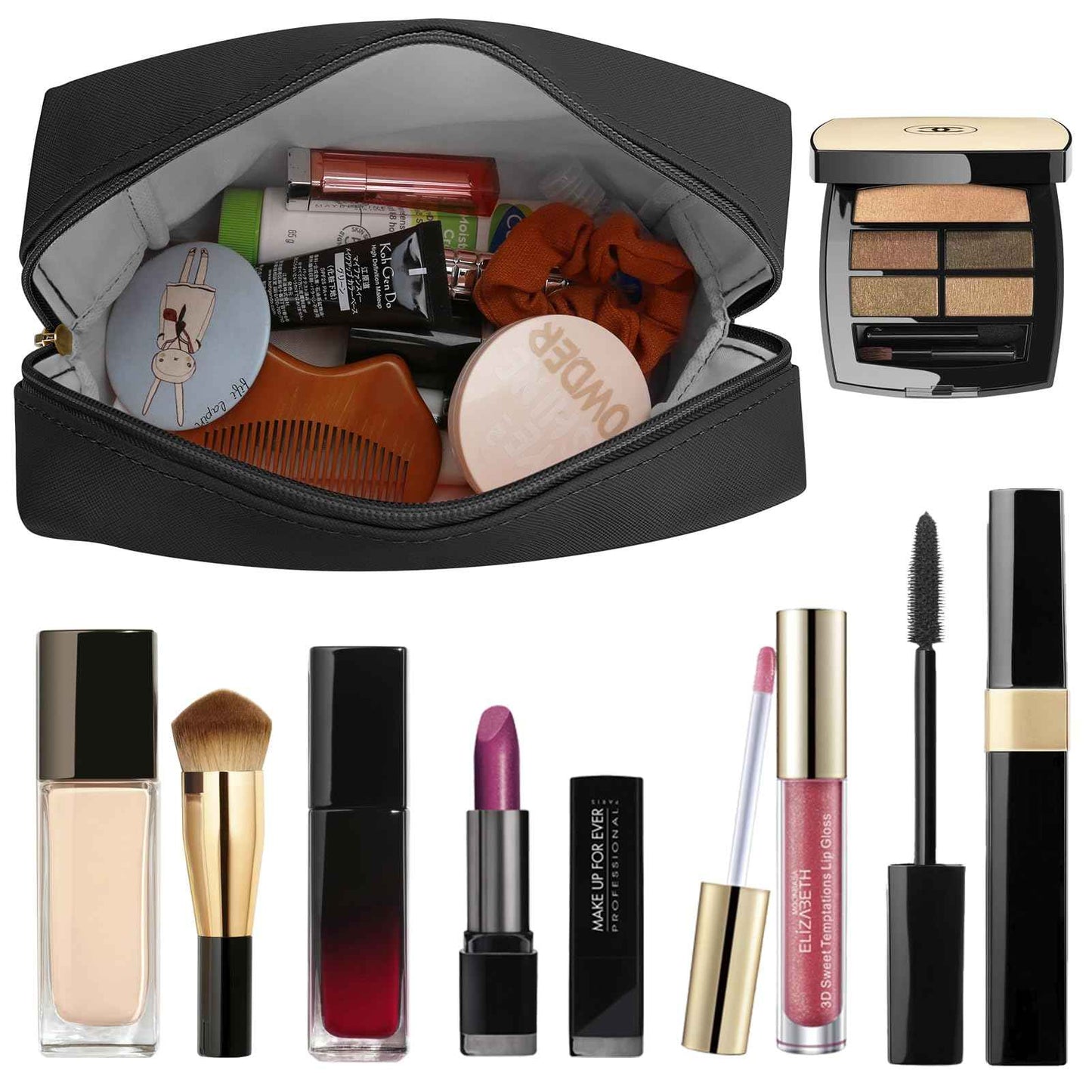 DOB SECHS PU Leather Cosmetic Bag Portable Toiletry Bag for Daily Use Cosmetic Organizer Water-resistant Make up Organizer Light Weight Travel Makeup Bag Cosmetic Pouch (Black, L)