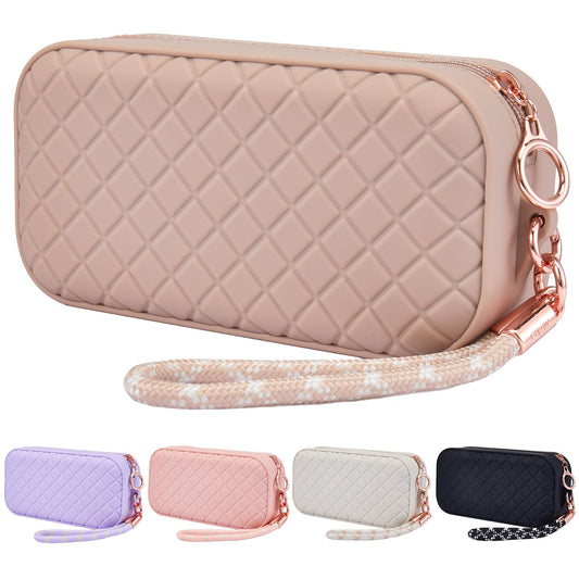 AGIKET Portable Travel Makeup Bag,Soft Silicone Waterproof Toiletry Cosmetic Bag for Women,Upgrade Anti-Fall Out Zipper Closure Organizer Makeup Case -(Khaki)