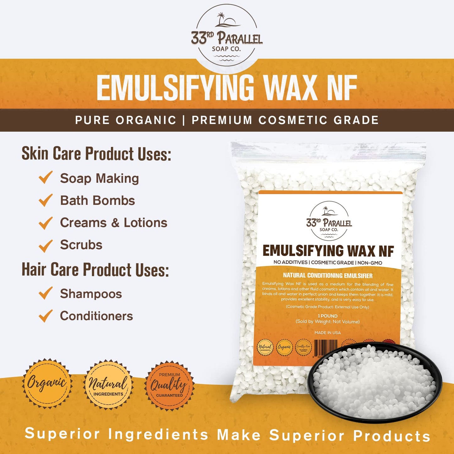 Non-GMO Emulsifying Wax NF Pastilles (1 LBS / 16 OZ) 100% Natural Plant Derived | For Lotions, Creams, Soap Making, Hair Products | Cosmetic Grade | Product of USA | 1 POUND