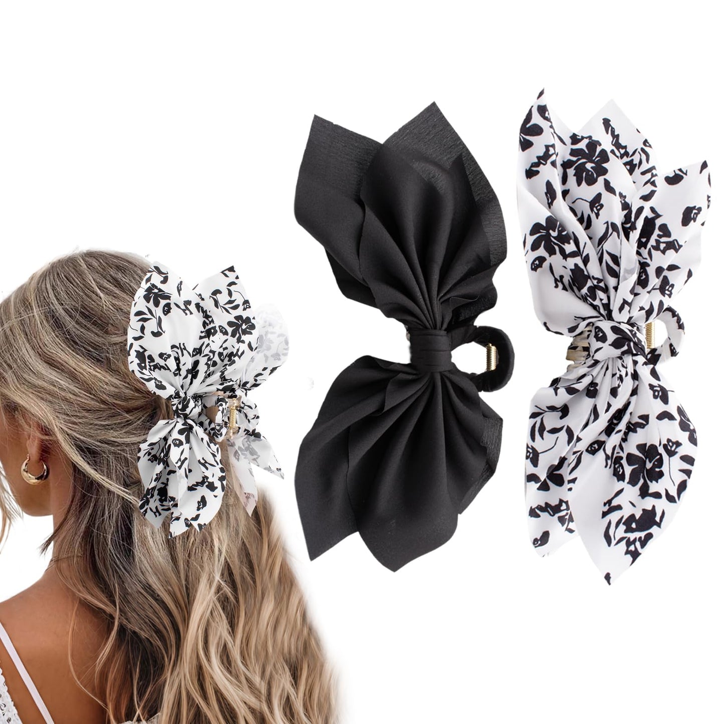 Hadutrek Hair Clips Claw Clip 2PCS Big Hair Bows for Women Flower Claw Clips for Women Black White Butterfly Hair Clips for Styling Large Hair Clips for Thick Hair for Girls Hair Accessories